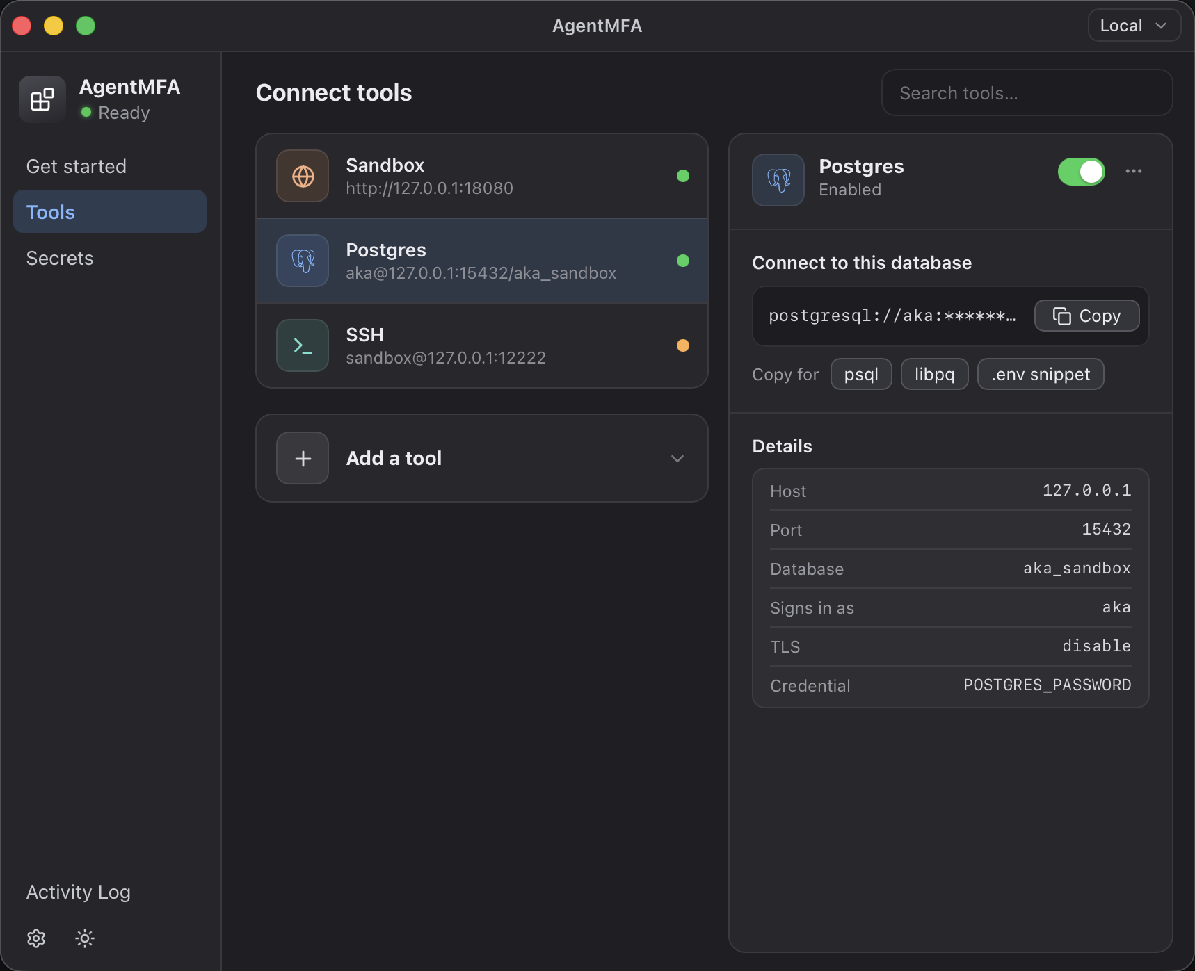 AgentMFA desktop app showing connected tools: Sandbox, Postgres, and SSH
