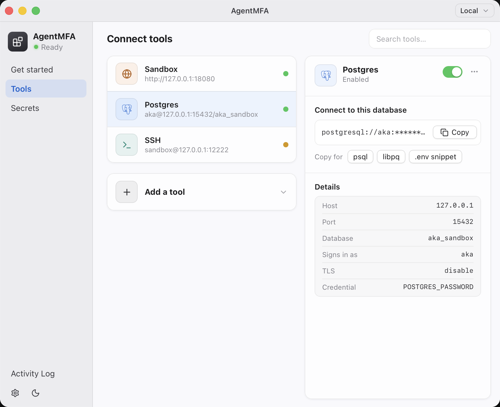 AgentMFA desktop app showing connected tools: Sandbox, Postgres, and SSH